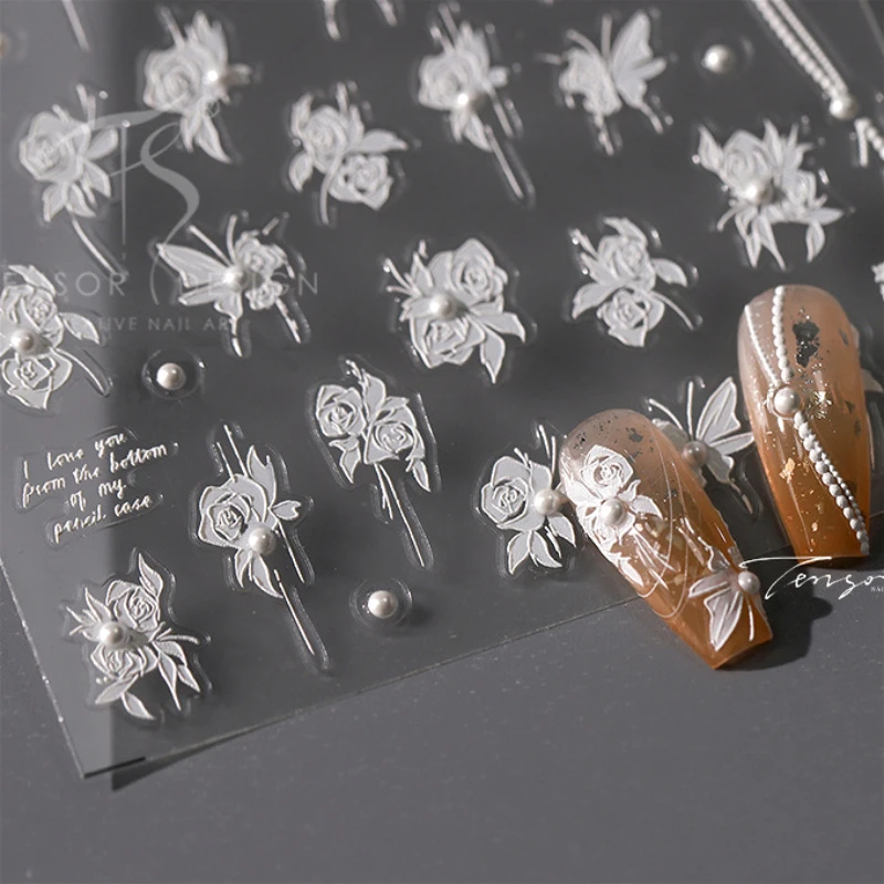 Delicate Rose Flower Pearl Butterfly Totem Self Adhesive Nail Art Stickers Snowflake Hot Stamping Chic Rhinestone Manicure Decal