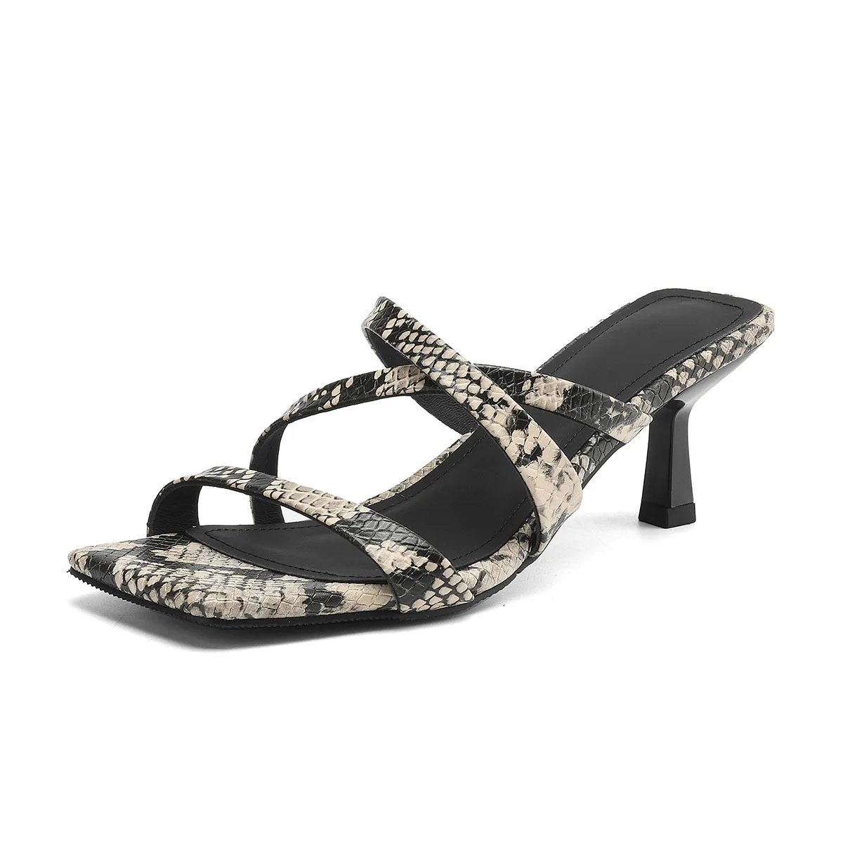 Style First Layer Snake Pattern Cowhide Cross with Slippers Square Head One Pedal Stiletto sexy One-Word Drag Super Large Size