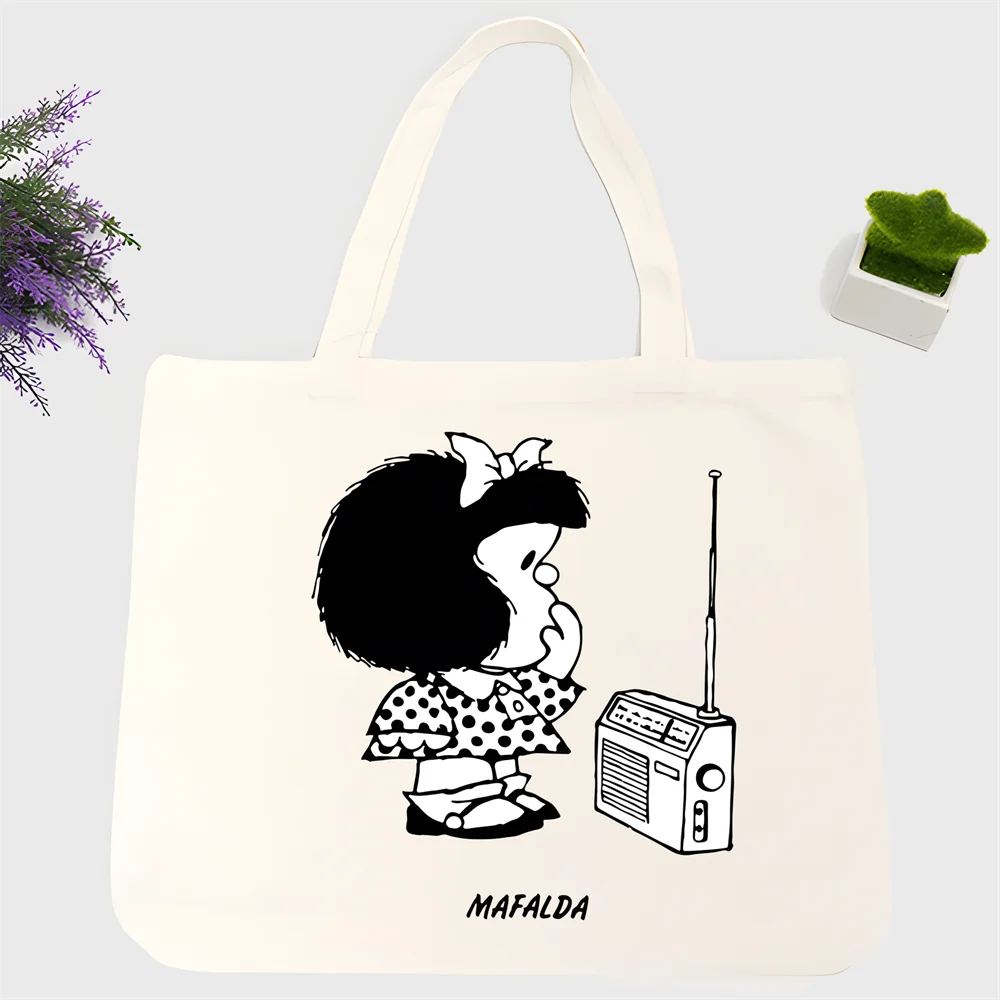 Mafalda-Bolso de mano de lona para hombre y mujer, bolsa reutilizable de algodón de alta capacidad, para compras