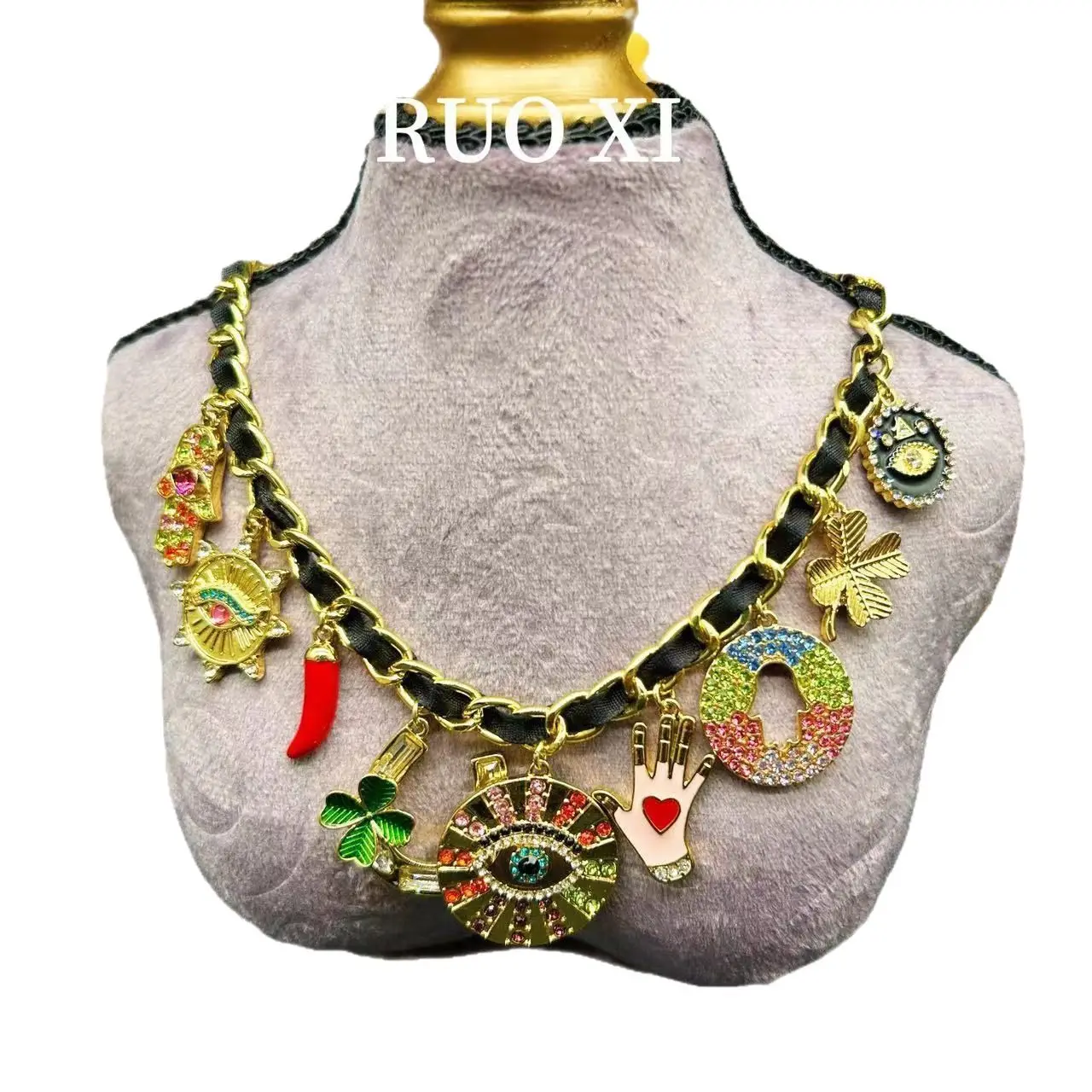 Vintage Jewelry Set for Women Pendant Necklace Earrings Boho Retro Gothic Style  Colorful Charms Eyes Palms Flowers Heart Shape