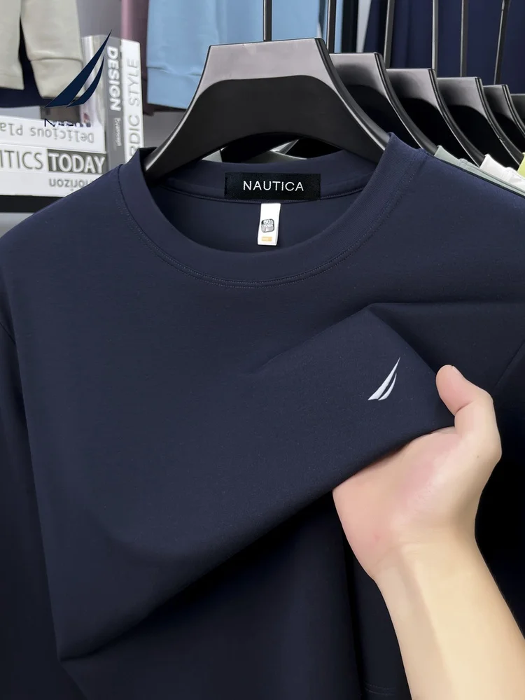 Camiseta Masculina de Manga Longa com Gola Redonda Nautica, Bordada em Algodão, Cor Sólida, Camiseta Básica Fashion, Nova Che...