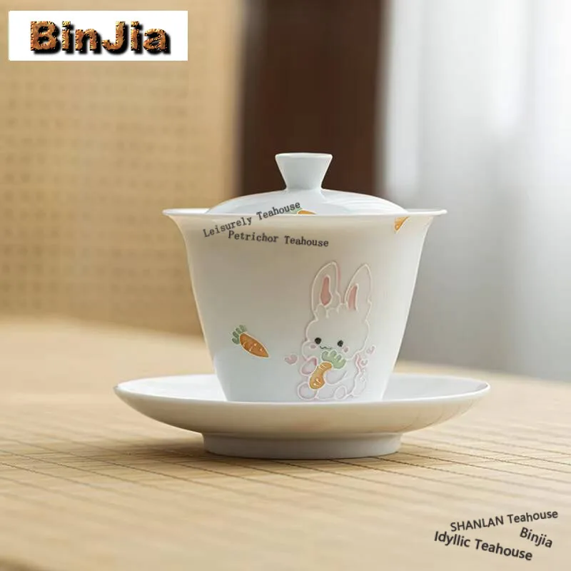 

150 мл милый кролик ручной работы Gaiwan японская Нефритовая грязевая белая фарфоровая чайная чашка для приготовления чая Чайная чаша чайные украшения