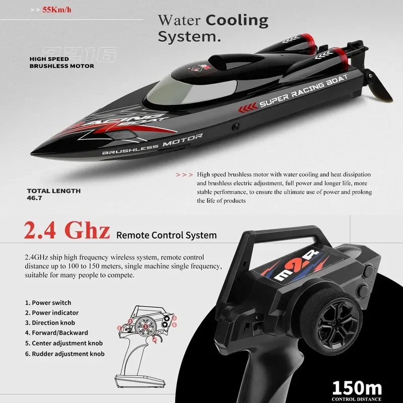 WLtoys Brushless RC Boat High Speed Racing Ship with LED Anti-Capsize Design Low Battery Alarm Remote Control Speedboat Toy