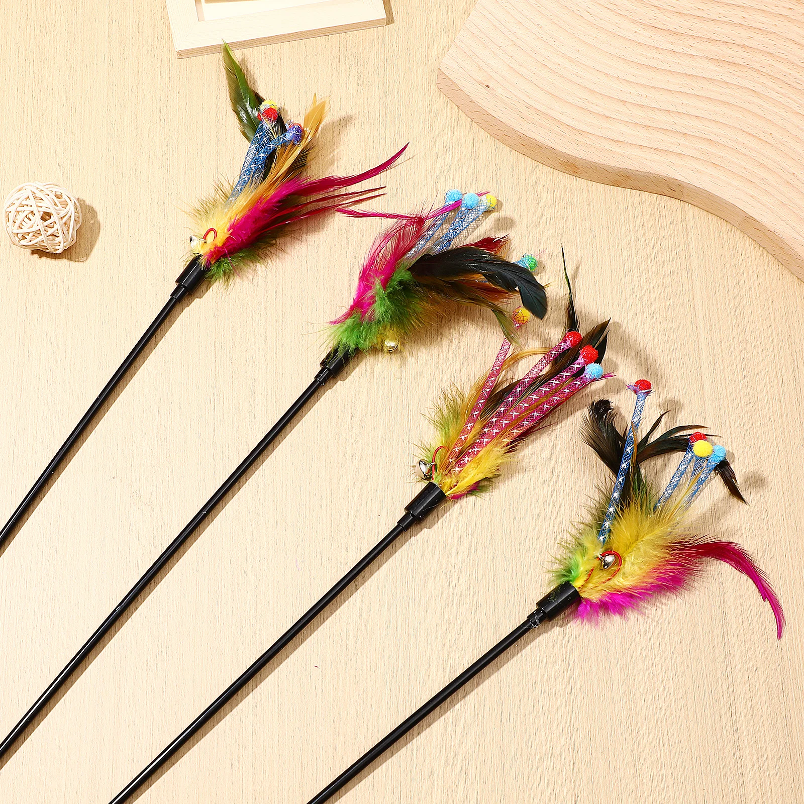 

4Pcs Cat Teaser Sticks Colorful Ring Bell Interactive Playing Fun Pet Supplies Household Cat Teasing Gift