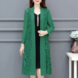 Commute Gauze Jacquard Weave Open Stitch Spring Summer Casual Long Sleeve  Stylish Spliced Straight Midi Blouse Women's Clothing