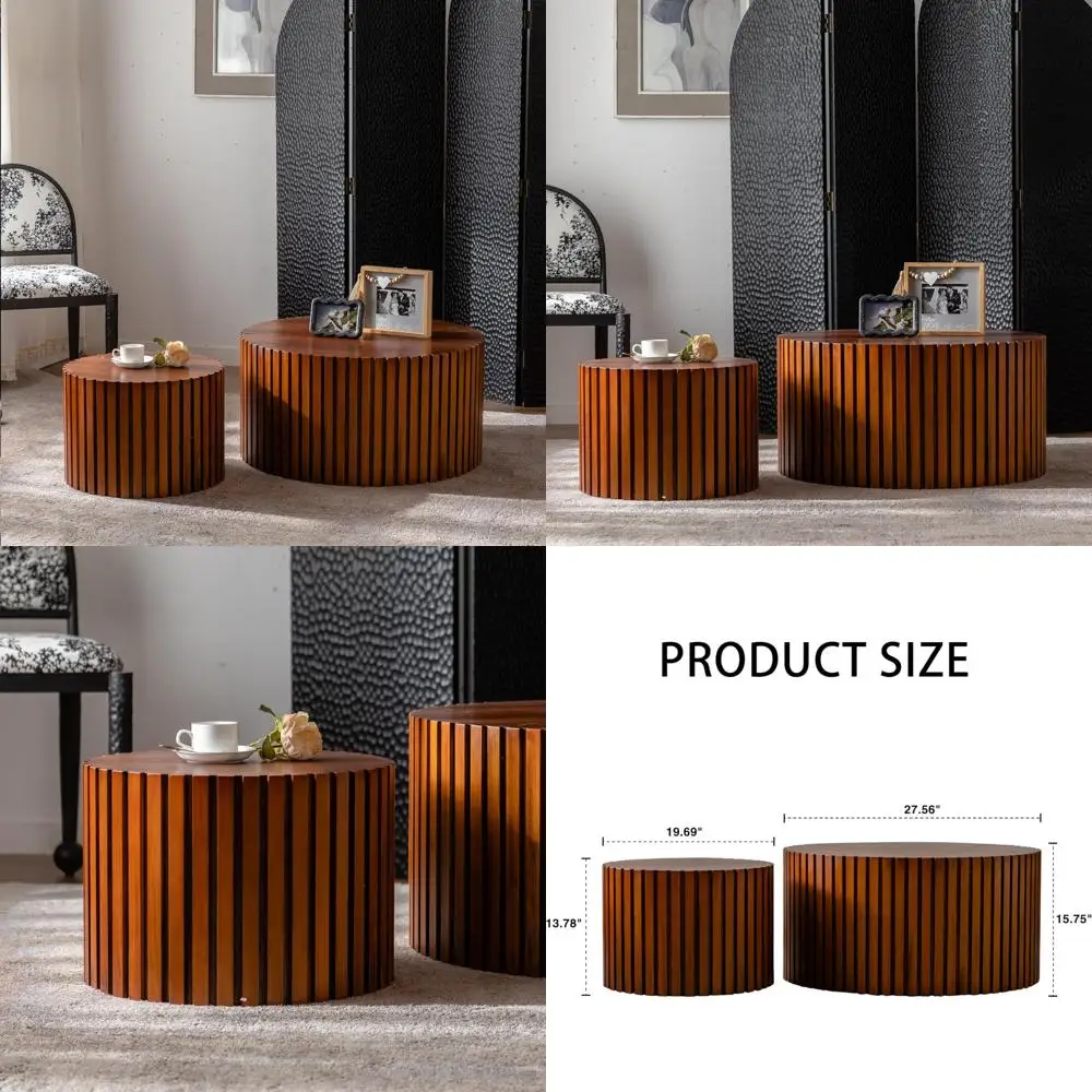 Nowoczesny zestaw stolików kawowych, 2-częściowy zestaw okrągłych drewnianych stolików z tłoczonym wzorem do salonu