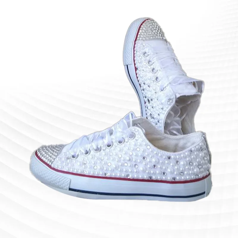 Low-top white ribbon canvas shoes with pearl rhinestones comfortable walking handmade rhinestone vulcanized shoes 35-46