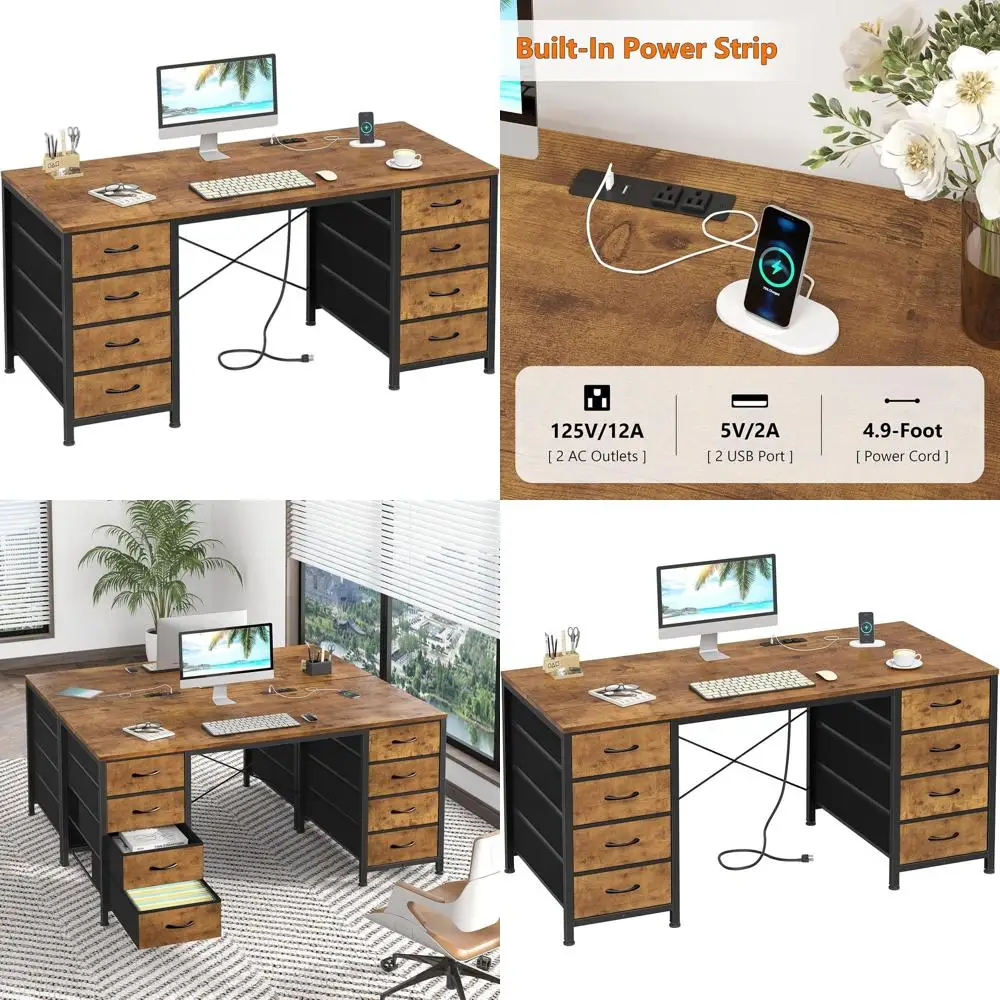 

50-дюймовый письменный стол в деревенском стиле, коричневый, с 8 ящиками и розетками для домашнего офиса и игр