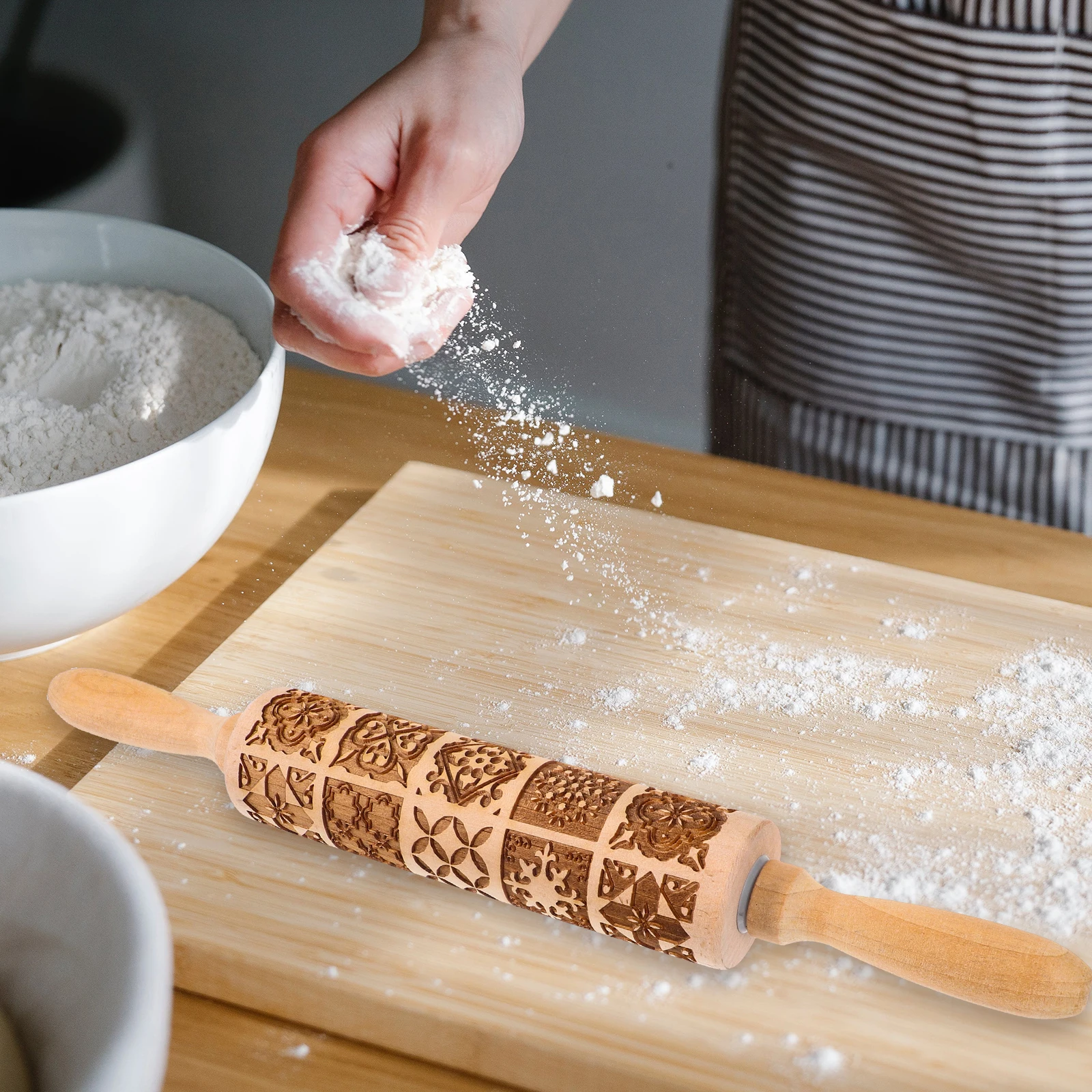 

Embossed Rolling Pin Cookie Roller Pizza Pins Embossing Baking Dough Decorative