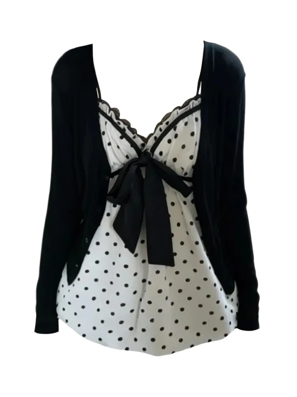 plus Size Women's Sweet Spicy Retro Polka Dot Halter Top And Bottom Set with  Knot Long Sleeve Commute Style for Aut...