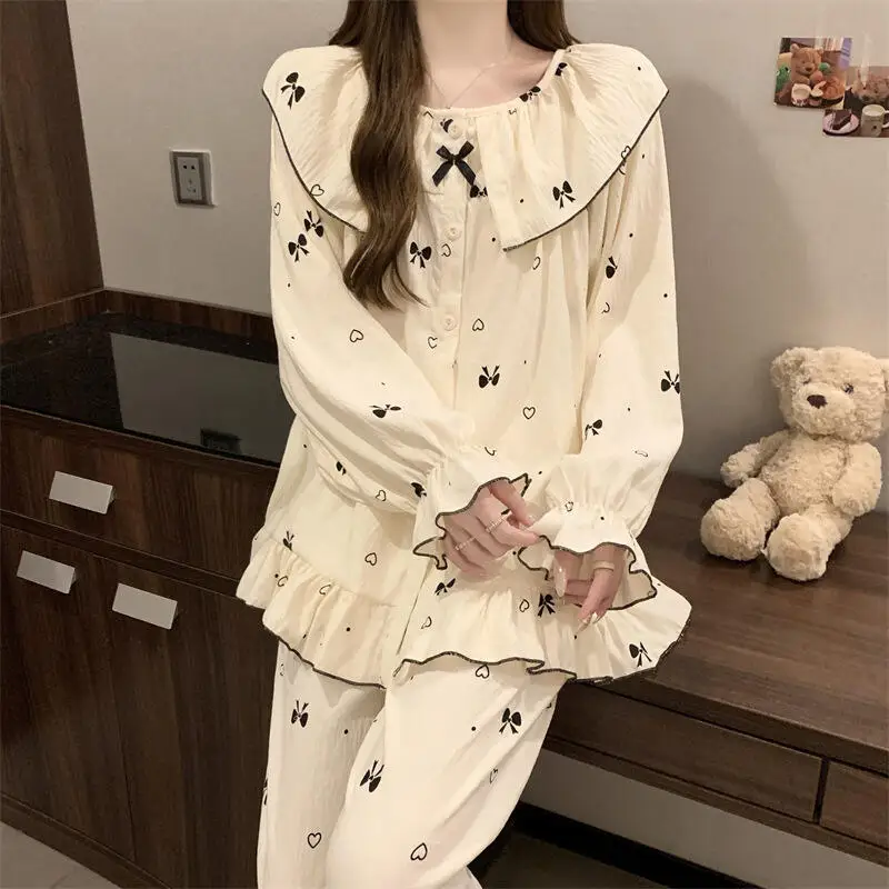 Women's Long Sleeve Pants Pajama Set Fashionable Women's Spring Autumn Home Wear Princess-Style Openwork Sweater Two-Piece Set