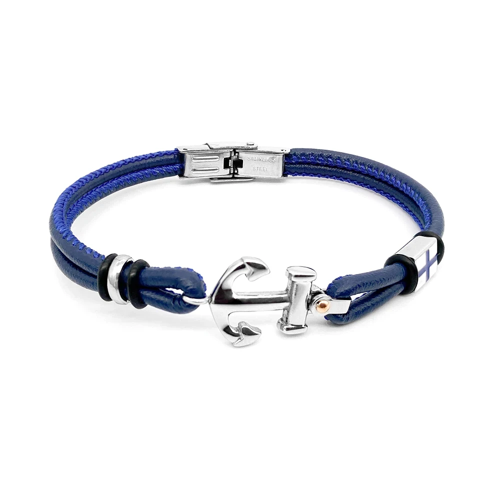 Runda Genuine Leather Blue with Anchor Shape Stainless Steel Adjustable Link Men's Bracelet