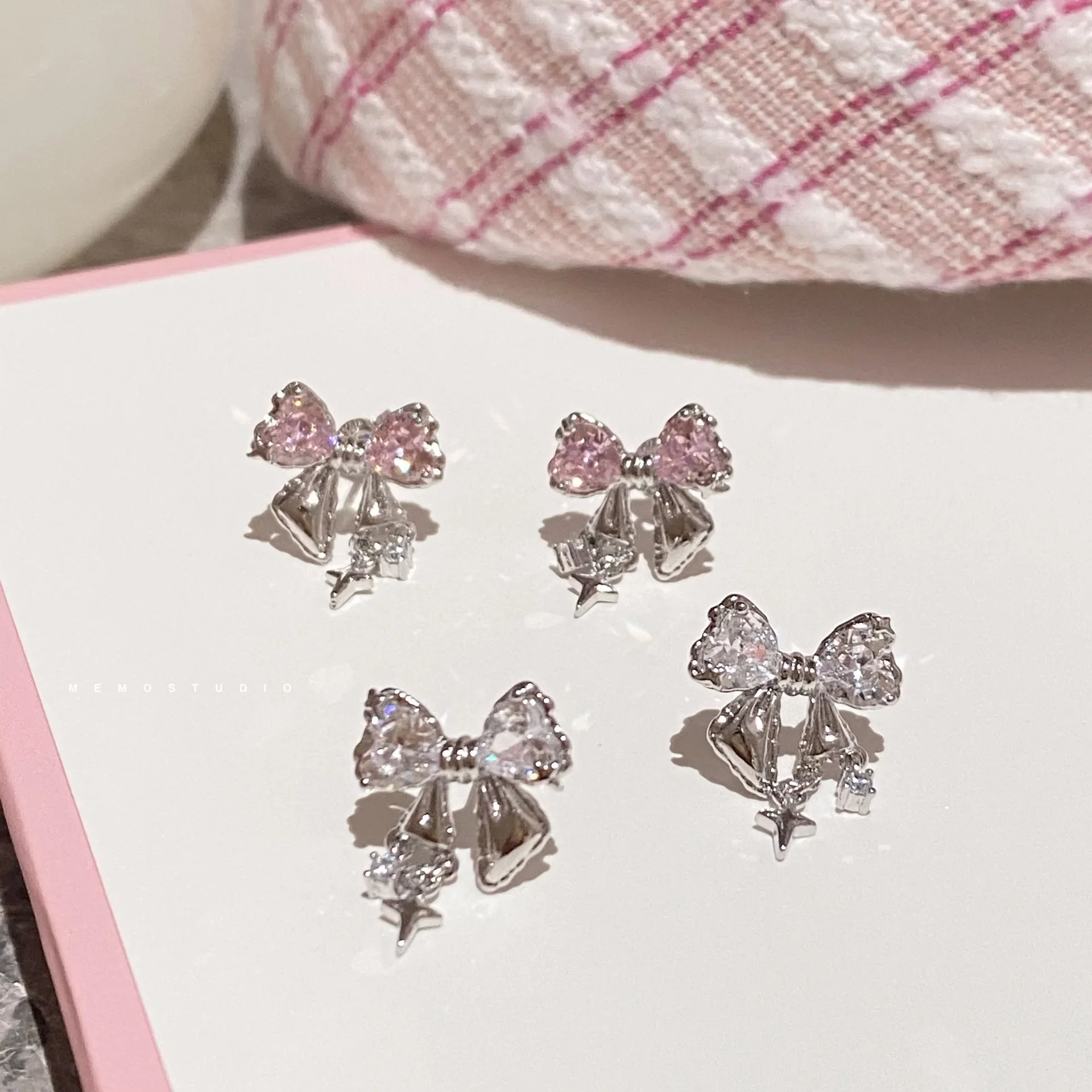 Korean Bowknot Zircon Stud Earrings for Women Trendy Cute Pink Crystal Earrings Personality Y2k Earring Girl Party Jewelry Gifts