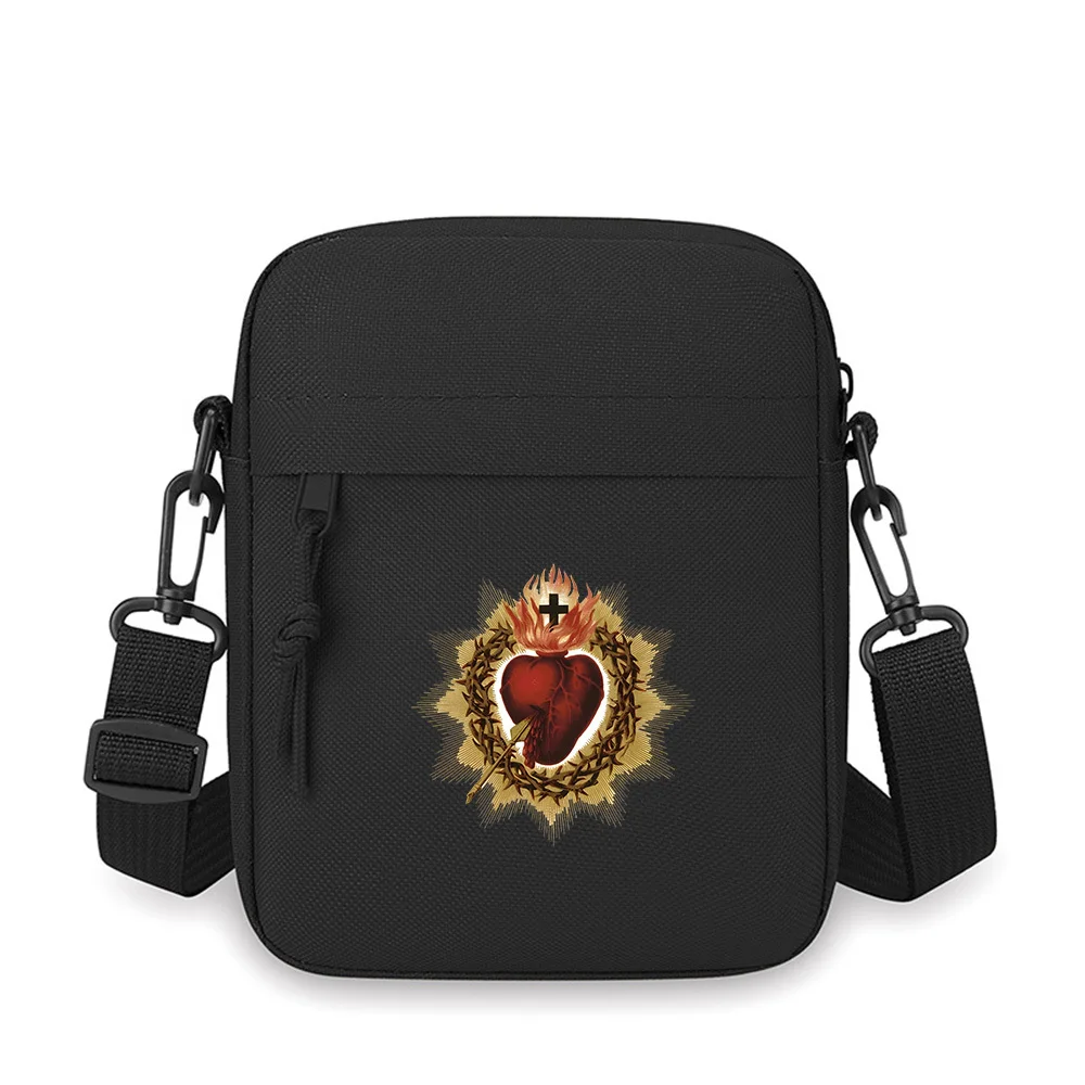 Sacred Heart with flames cross Men Crossbody Bag Single Shoulder Women Cartoon Anime Film Printing Design Unisex