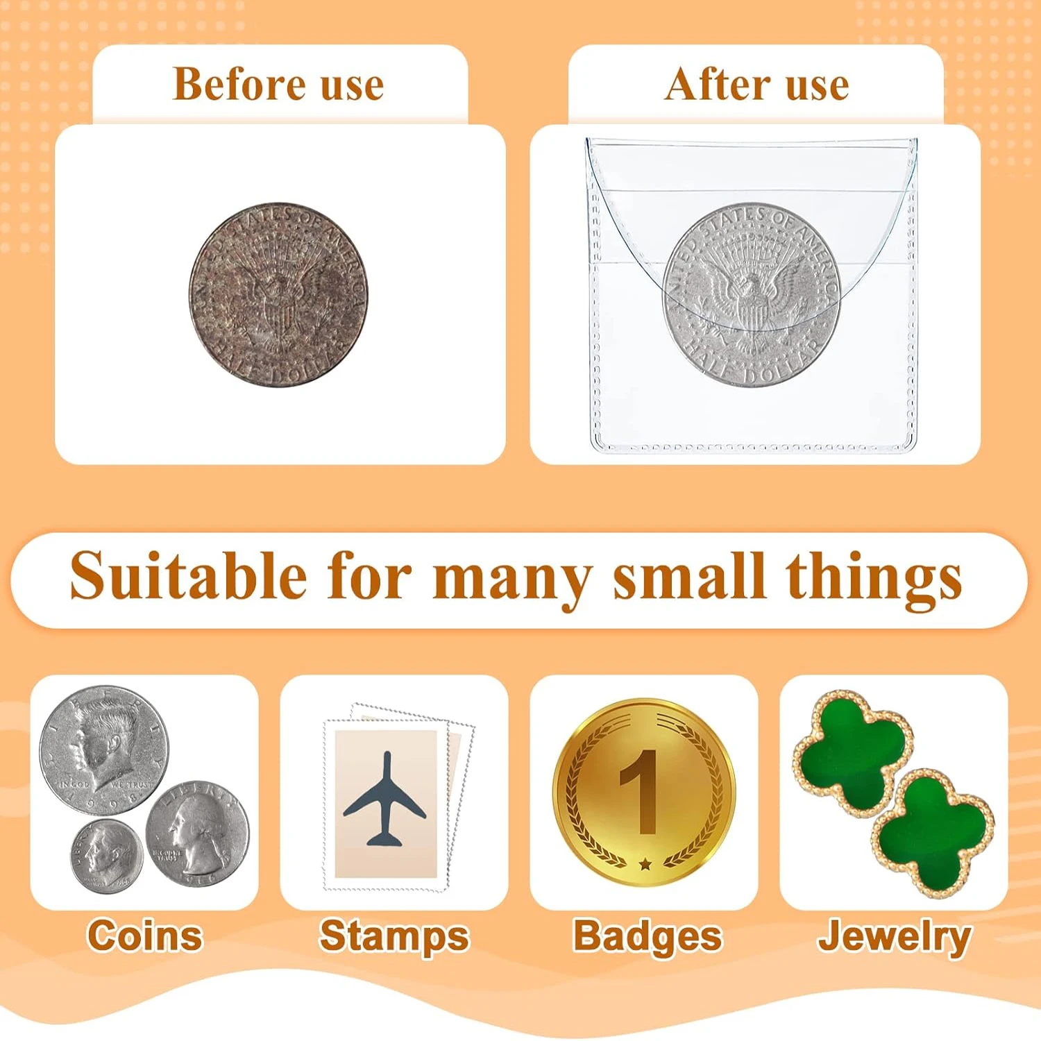 Picture 3: 50PCS Single Pocket Coin Sleeves Clear Plastic Coin Holders Individual Coin Protectors Pouches for Coin Currency Bills Collector