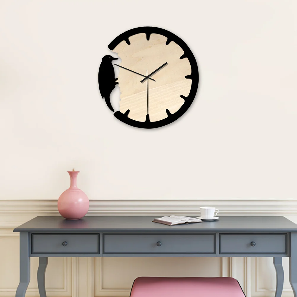 

Retro Wooden Wall Clock Round Shape Woodpecker Home Decorative Art Clock Quiet Operated Aa Powered For Living Bedroom