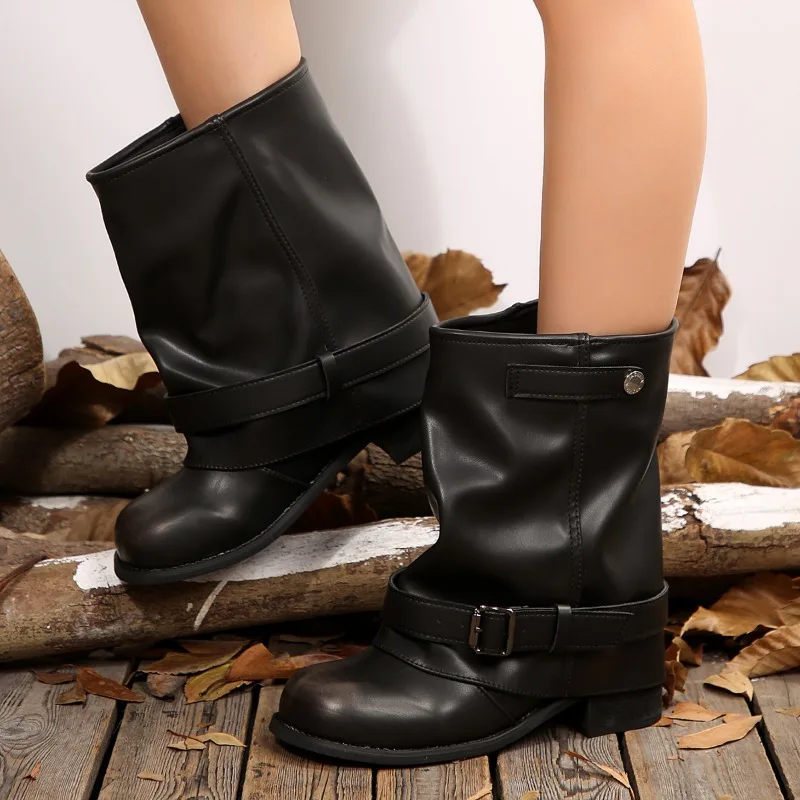 أحذية نسائية من Rui Fei Ti Western Sle بطيات متوسطة الساق، نسخة كورية قابلة للطي، أحذية قابلة للطي للارتداء اليومي