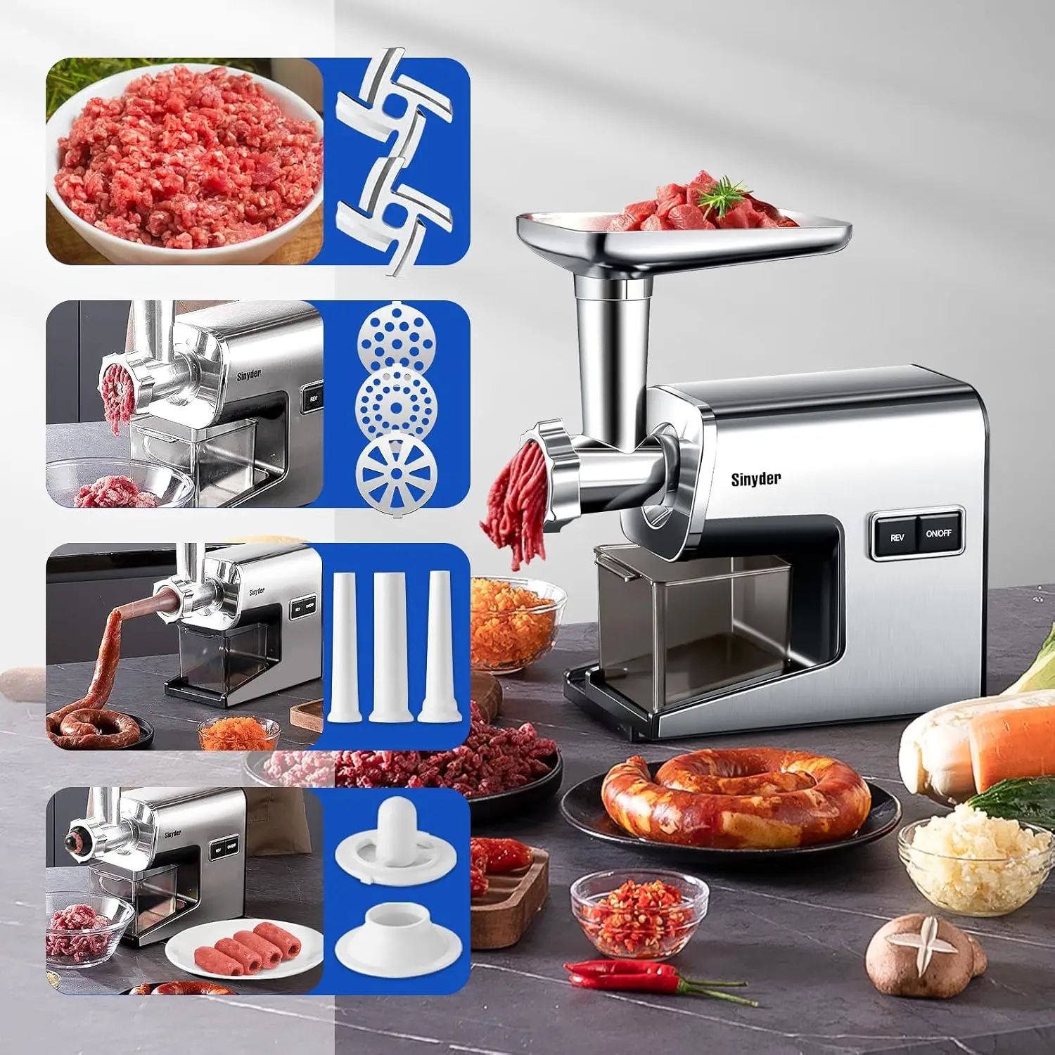 3000W Electric Meat Grinder, Stainless Steel, 2 Blades, 3 Plates, Sausage Stuffer & Kubbe Kit for Home Kitchen view 2