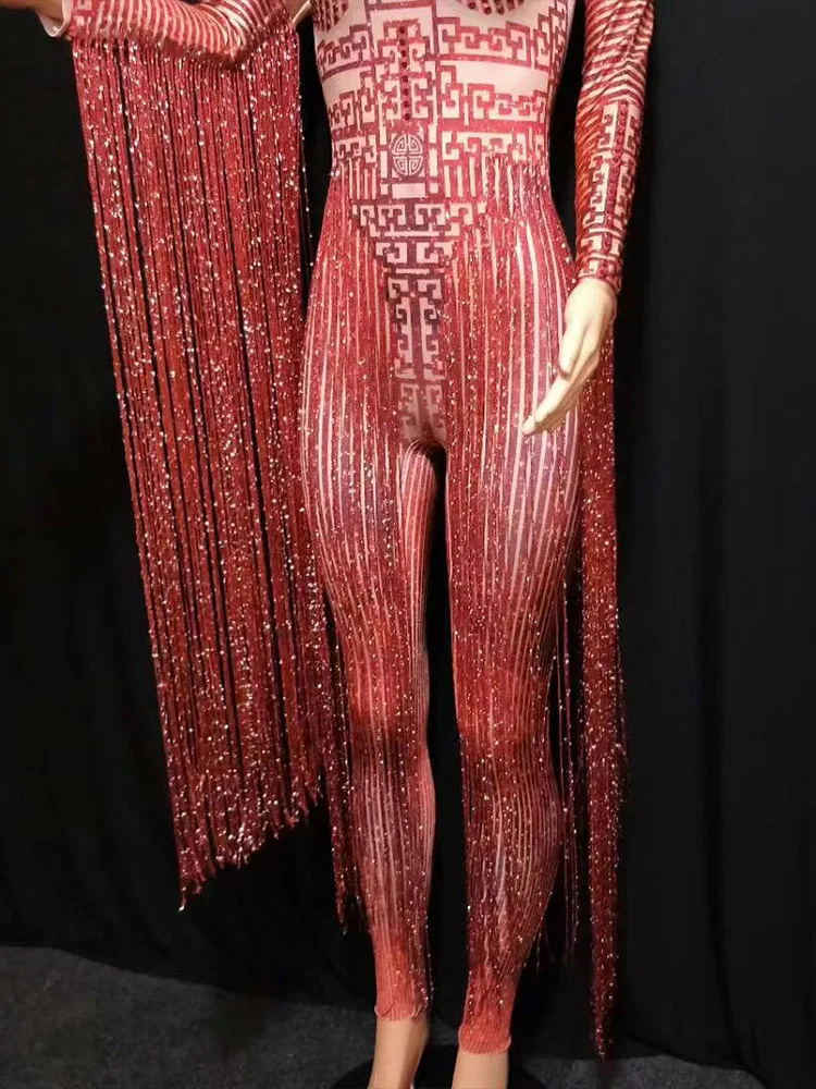 High Quality Rhinestone Long Tassel Sexy Elastic Jumpsuit 2024 New Fashion Custom Women'S Clothing