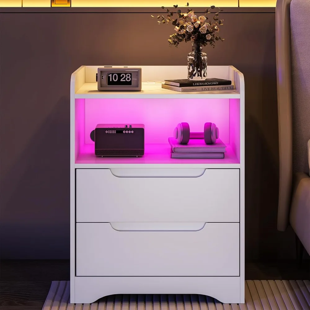 Juego 2 Mesitas Noche con luces LED y Estacional Carga (2 Tomas AC، 2 Portos USB) Mesita Noche Blanca Mesas Auxiliar #2