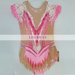 LIUHUO Rhythmic Gymnastics Leotard Customize Adult Women Girl Costume Performance Competition Dance Dress Pink Gradient Lace Kid