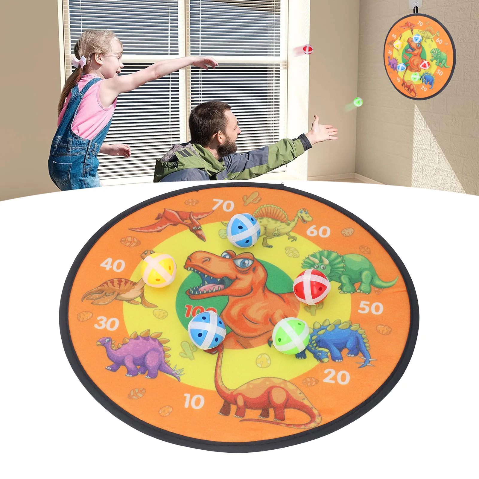 

ZK30 Double Sided Stick Dart Board with 8 Balls Dinosaur Patterns Throwing Toy Parent Child Interaction Stick Ball Dartboard