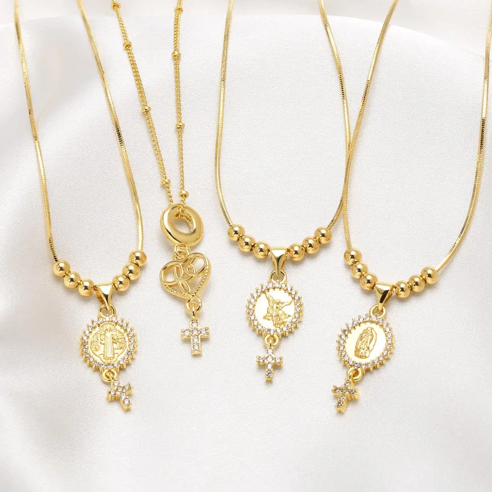 FLOLA Blessed круглые ожерелья Сан-Бенито для женщин CZ кристалл крест ожерелья позолоченные защитные ювелирные изделия подарки nkey49