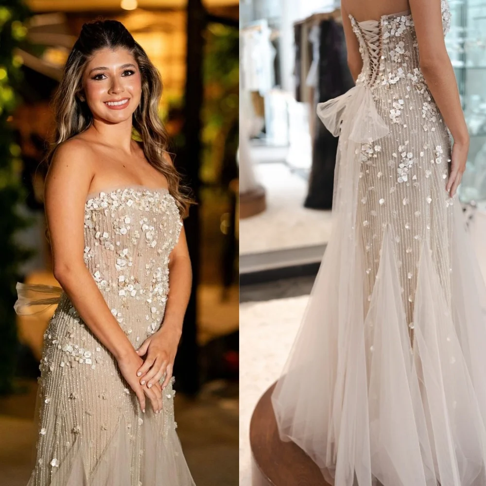 

Customized Exquisite Strapless Crystal Evening Dress High Quality Tulle Prom Dresses Temperament White Special Occasion Gowns