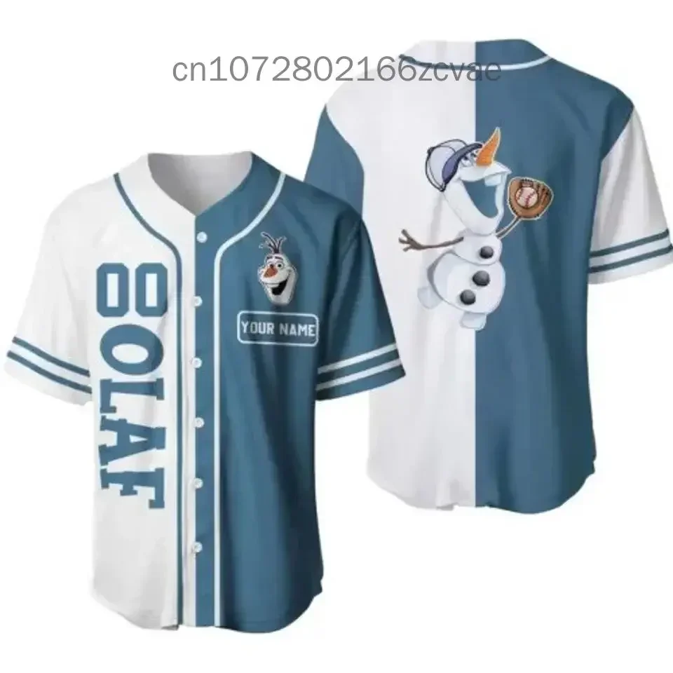 2024 New Men and Women Olaf Frozen Baseball Jersey Short Sleeve Jersey Custom Name Disney Casual Sports Shirt