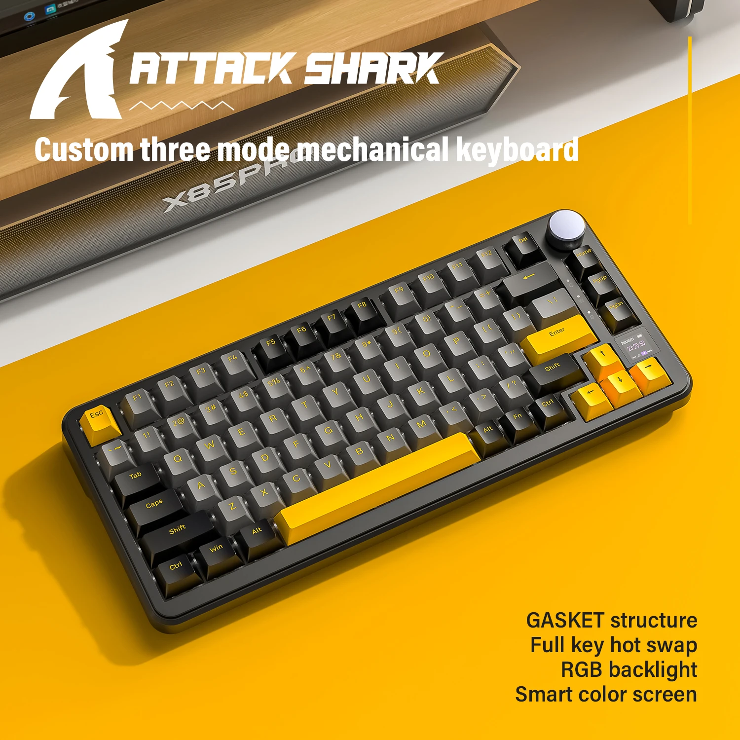 X85Pro Bluetooth Gaming Keyboard TFT Color Screen,ATTACK SHARK Macro Mechanical Keyboard,Hot Swap,RGB,4000mA Wireless Big Power