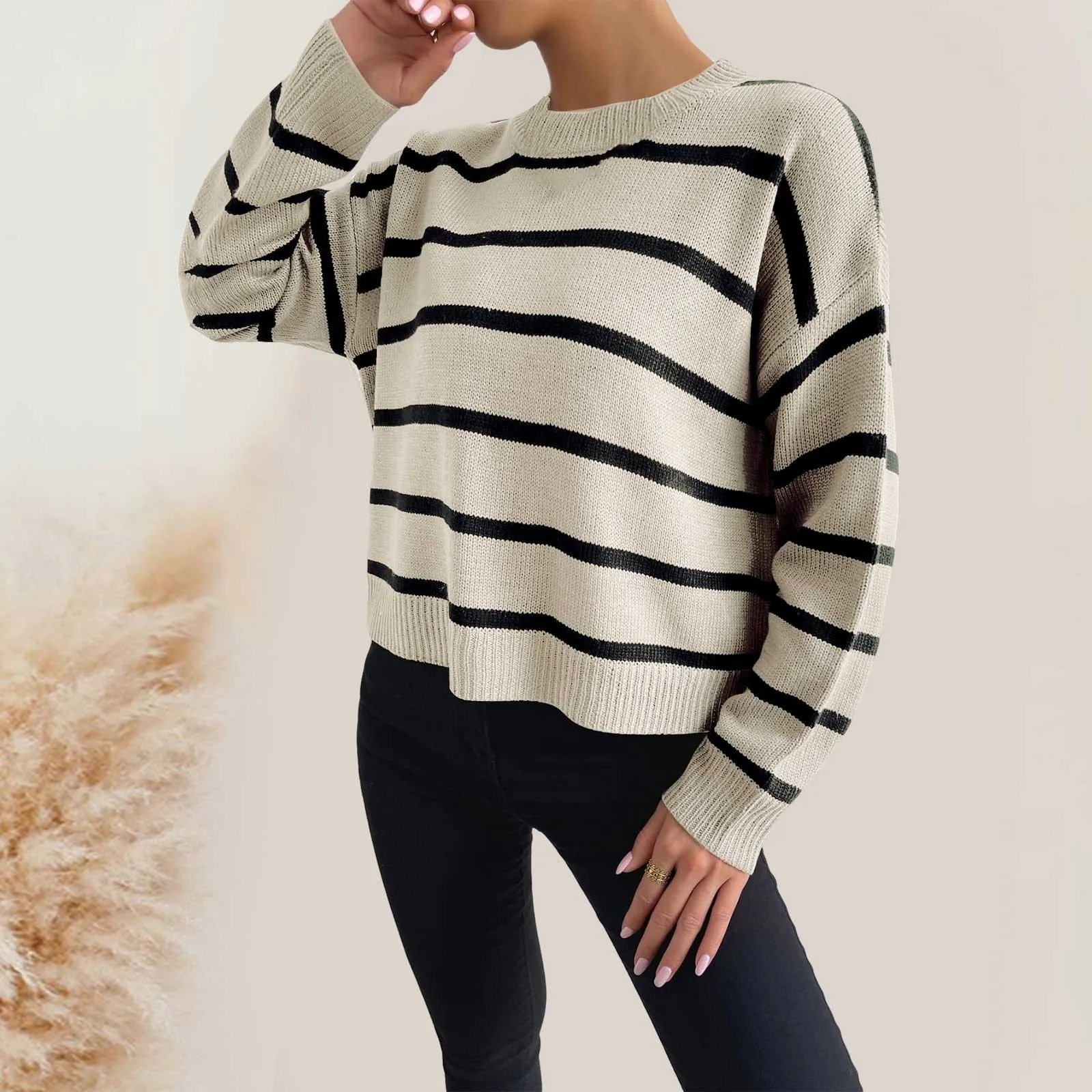 Women Fashion Casual Long Sleeve  Knit Sweater Lightweight Stripe Pullover Fashion Round Neck Sweater Top Oversized Clothing