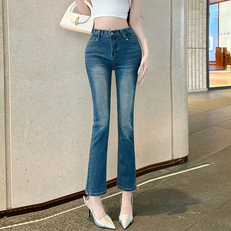 Elastic Straight Leg Jeans High Waist Nine-Piece Spring Summer Autumn Winter Simple Korean Women's plus Size Hip Enhancing