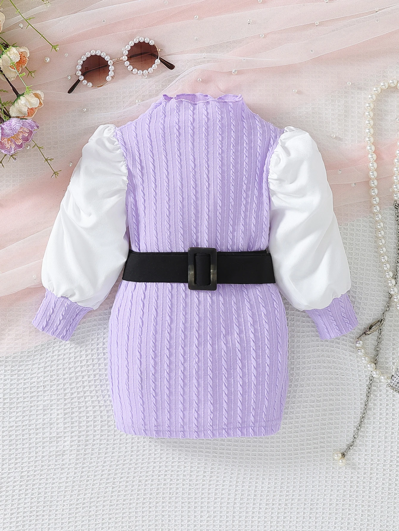 

Baby Girl Elegant Style Purple Twisted Flower Knitted Skirt Contrast Bubble Sleeves Belt Waist Dress Birthday Party/Daily Spring