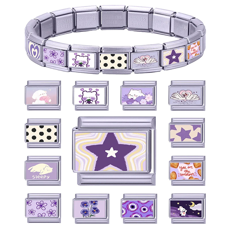 Nova Pulseira de Berloques Roxa com Gato Fofo, Estrela, Coração e Margarida, Compatível com Pulseiras de 9mm, Elos Italianos de Aço Inoxidável, para Fabricação de Joias DIY, Atacado