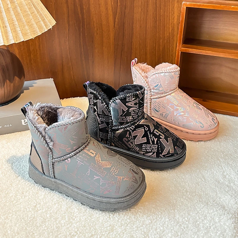 

Children Thermal Boots Waterproof Soft Sole Kids Short Boots Round Toes 2025 Winter New Boys Girls Leather Boots Thick Warm Fur