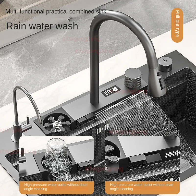 new Waterfall Kitchen Sink Set 304 Stainless Steel Nano Sink Home Sink Vegetable Wash Basin Large Single Slot Digital Display