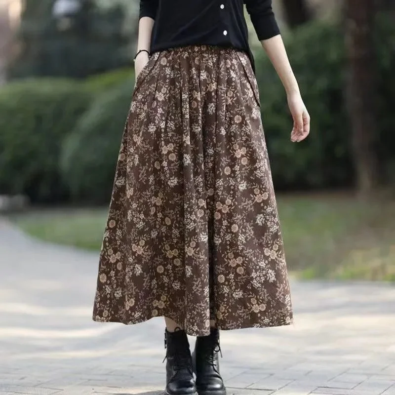 Ladyies Large Size 5XL Casual A-line Skirt Retro Women Fashion High Waist Maxi Skirt Summer Feminine High-end Floral Long Skirts
