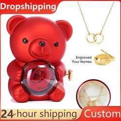2024 New Valentine's Day Gift idea Rotating Rose Forever Flower Bear Jewelry Box with Engraved Name OO Round Necklace for girl