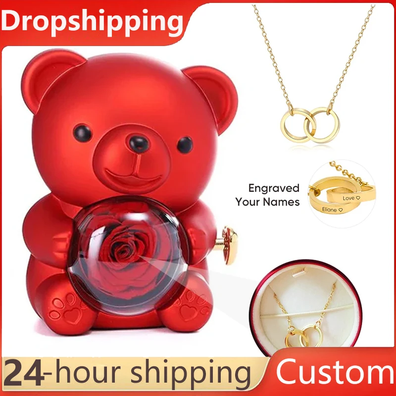 2024 New Valentine's Day Gift Idea Rotating Rose Forever Flower Bear Jewelry Box with Engraved Name OO Round Necklace for Girl