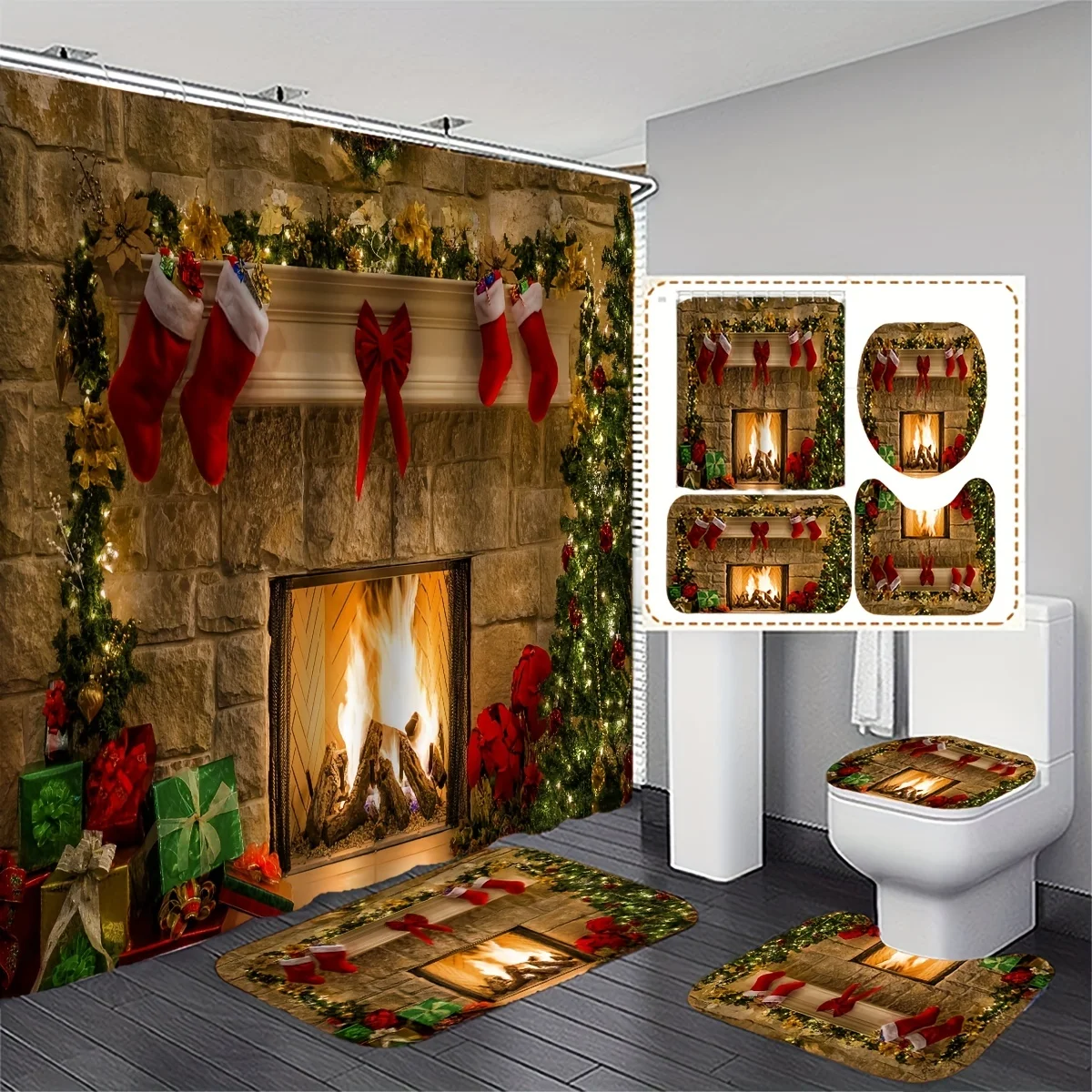 

Merry Christmas Shower Curtain Christmas Stocking Fireplace Polyester Bathroom Rug Toilet U-Shape Mat Toilet Lid Cover Pad