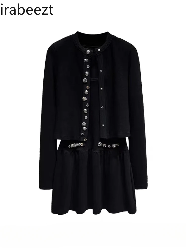 

Sweater Cardigan Woman Autumn Winter Black Fashion Nail Buckle Outside with Knitted Coat Sundress Two-piece Set