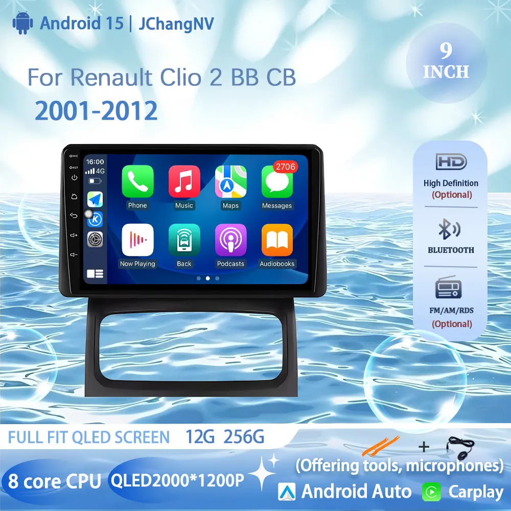 

9" For Renault Clio 2 BB CB 2001-2012 Wireless Carplay Car Radio Multimedia Player Navigation Carplay 4G 2K QLED Screen