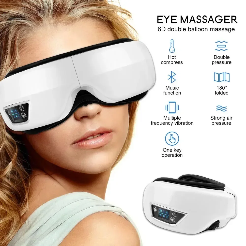 6D Eye Massager com Inteligente Airbag Vibração, Bluetooth Eye Care Instrumento, Compressa quente, Óculos de massagem, Bolsa de fadiga