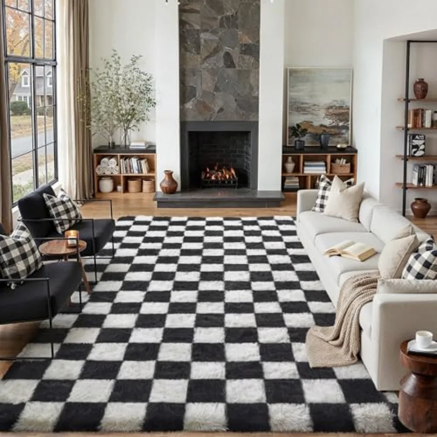 

Checkered Rug 8x10 for Living Room, Black and White Modern Shag Rug, Super Soft Washable Fuzzy Non-Slip Fluffy Carpet for Bedro