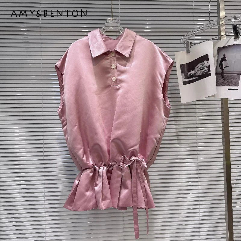 

Fashion Temperament Shirt Collar Women's Dress 2026 Summer New Pink Drawstring Loose Slimming Sleeveless Vests Dresses Ladies
