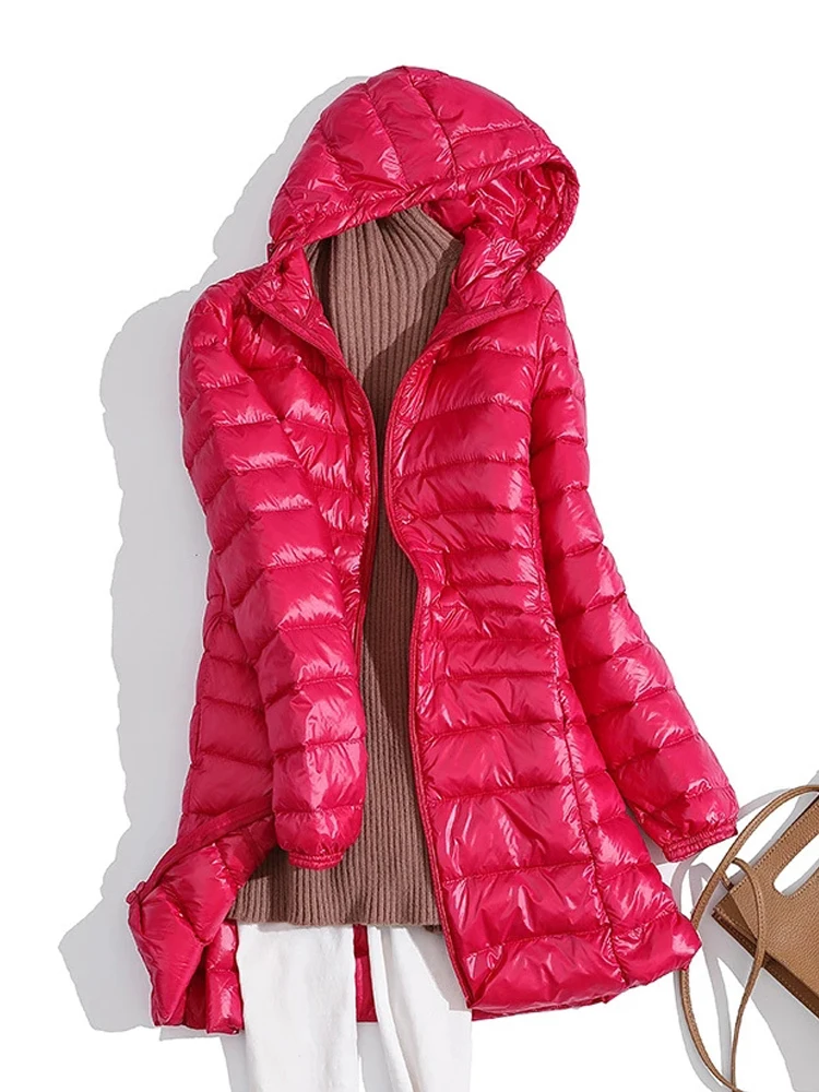 Chaquetas de plumón de pato para mujer, abrigo ultraligero con capucha, Parkas largas portátiles, Abrigo acolchado de plumas 7XL, 0-10 ℃, Otoño e