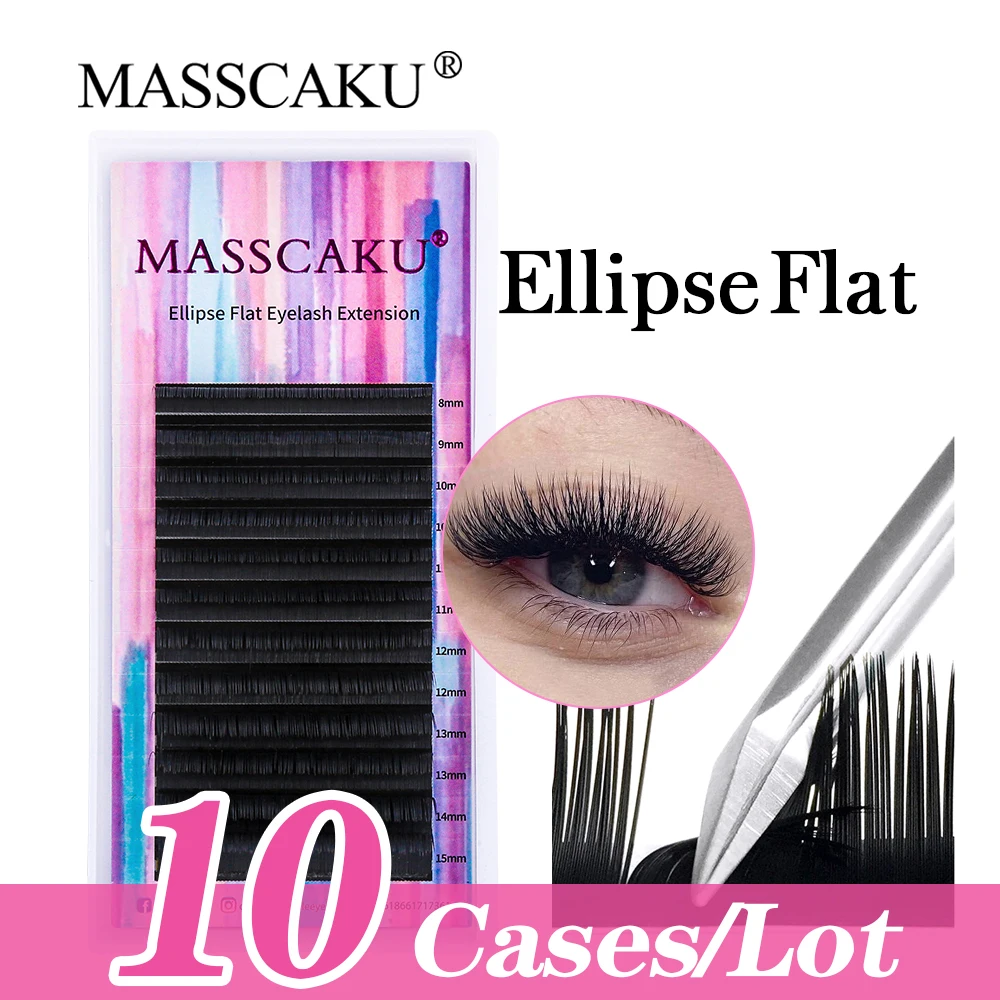 

MASSCAKU 10cases/lot Ellipse Flat Eyelash Extension 100% Faux Mink 8-18mm&mix Matte Deep Black Lashes Easy to Graft Eyelashes