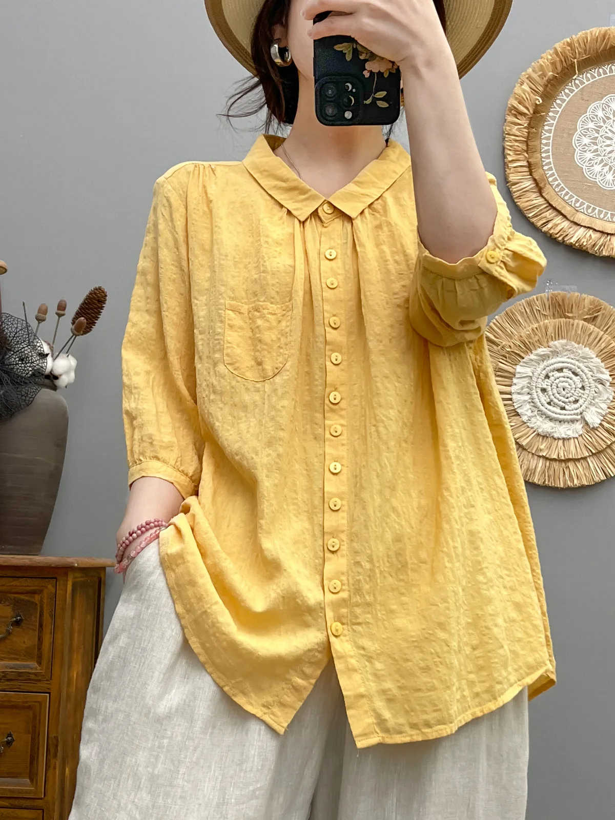 2025 Clean Color Pocket Small Pointed Collar Cotton Yarn Trouser Sleeve Shirt for Women in Summer New Loose Slim Top