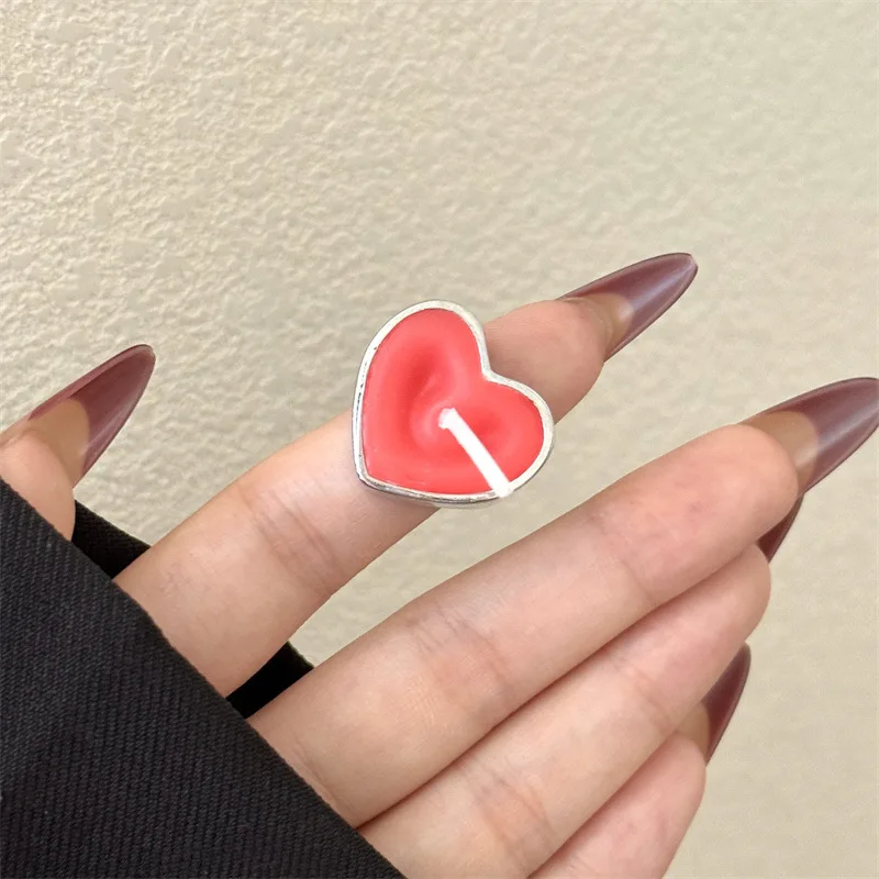 Red Candle Heart shape Love Rings for Women Girl Sweet Wide Version Silver Metal Ring Anillos Mujer Palace Style Jewelry Gift