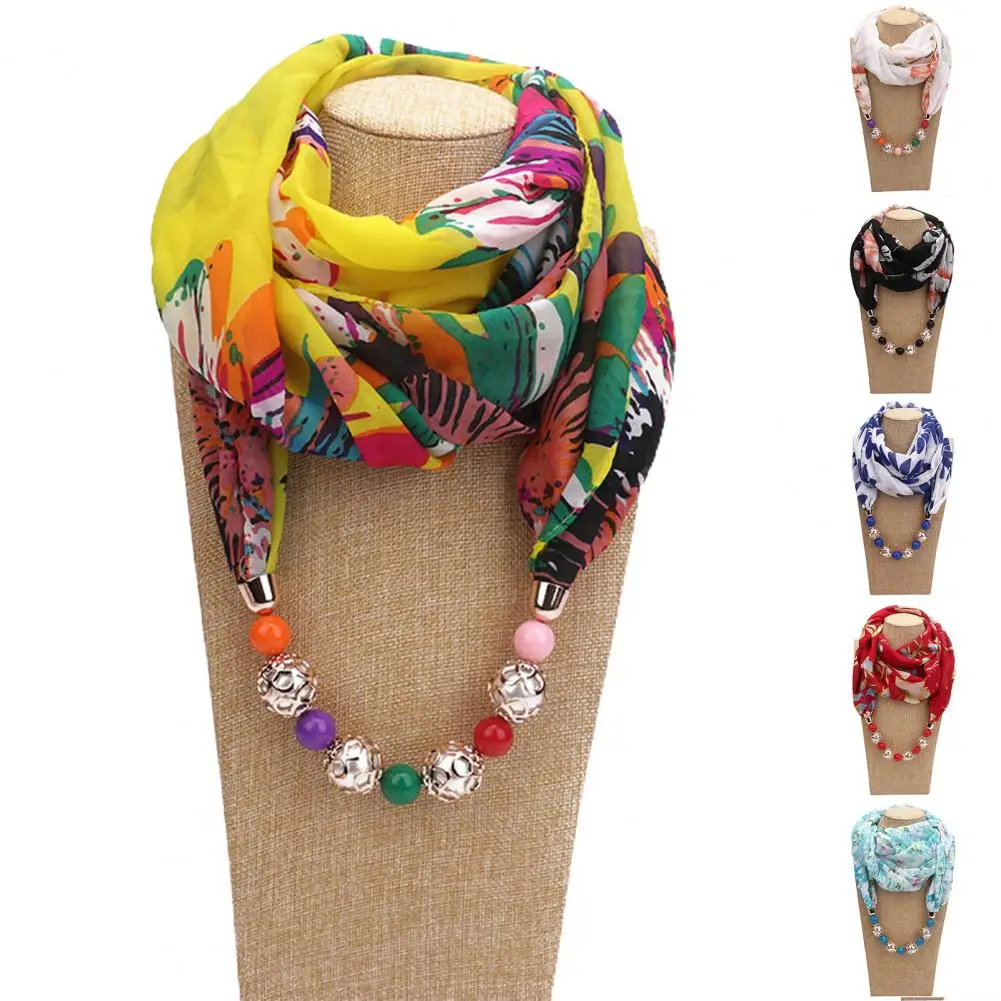 Beads Pendant Floral Print Necklace Scarf Simple Ethnic Style Vintage Chiffon Scarf Necklace Shawl For Home Шарф С Ожерельем